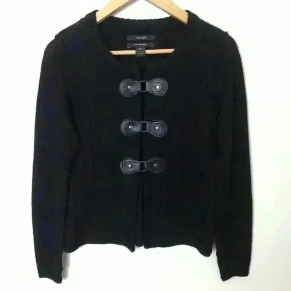 Tahari Ribbed Snap Buttons Merino Black S Cardigan - Picture 2 of 5